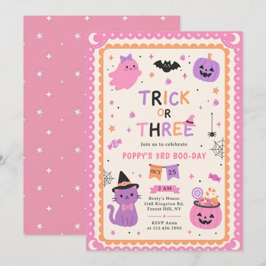 ハロウィンゴーストのトリックオアスリー 3歳の誕生日 招待状 (正面/裏面)
