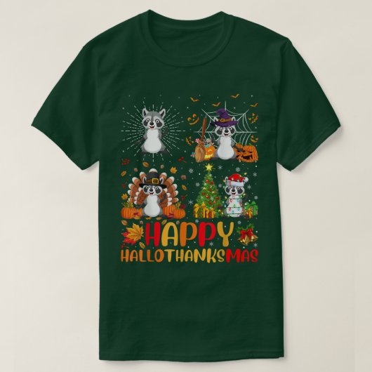 ハロウィンサンクスギビングのクリスマスラクーンハロタン Tシャツ (デザイン正面)