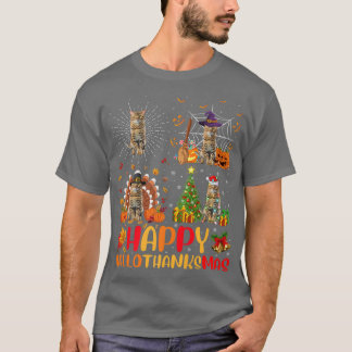 ハロウィンサンクスギビングクリスマスベンガル猫のハロ Tシャツ