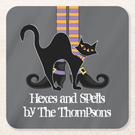 ハロウィンシンプルお洒落ウィッチシューズブラックキャット スクエアペーパーコースター (正面)
