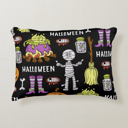 ハロウィンシンボル、ヴィンテージシームレステーマ アクセントクッション (正面)