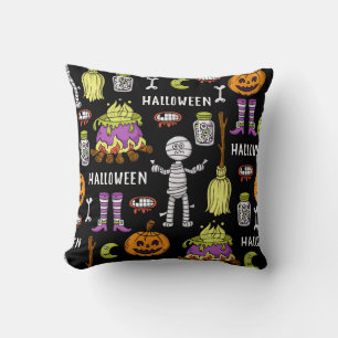ハロウィンシンボル、ヴィンテージシームレステーマ クッション