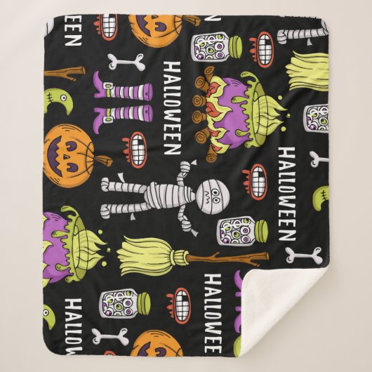 ハロウィンシンボル、ヴィンテージシームレステーマ シェルパブランケット (正面)