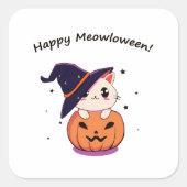 ハロウィンジャック・オランタンに魔女帽子をかぶった猫 スクエアシール (正面)