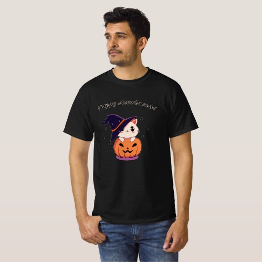 ハロウィンジャック・オランタンに魔女帽子をかぶった猫 Tシャツ (正面フル)