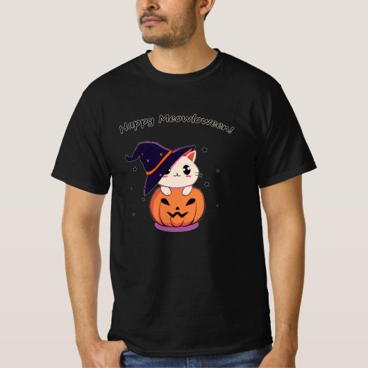 ハロウィンジャック・オランタンに魔女帽子をかぶった猫 Tシャツ (正面)