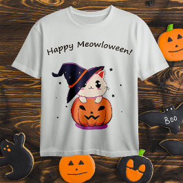 ハロウィンジャック・オランタンに魔女帽子をかぶった猫 Tシャツ