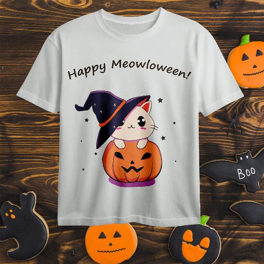ハロウィンジャック・オランタンに魔女帽子をかぶった猫 Tシャツ