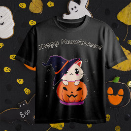 ハロウィンジャック・オランタンに魔女帽子をかぶった猫 Tシャツ