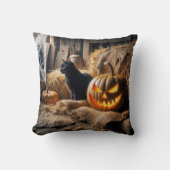 ハロウィンジャック・オ・ランタンと黒猫 クッション (正面)