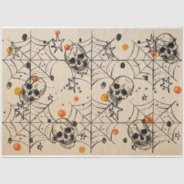 ハロウィンスカルとスパイダーウェブのオレンジ色のドットパターン 薄葉紙