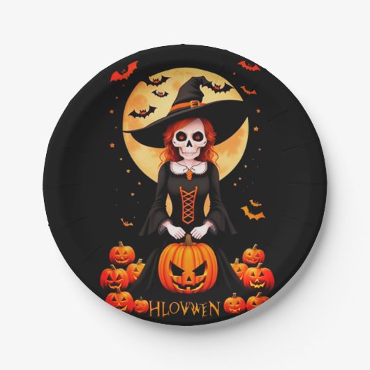 ハロウィンスカルカボチャ付きカカカロウ ペーパープレート (正面)