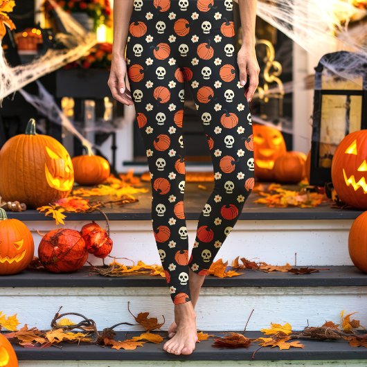 ハロウィンスカル、パンプキン、花 ブラック レギンス