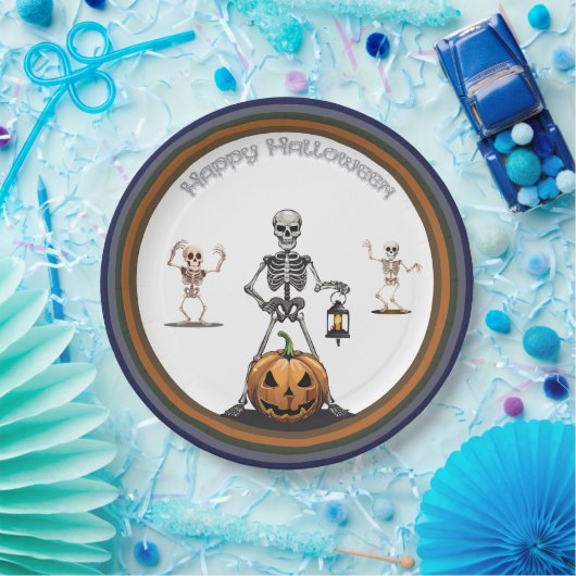 ハロウィンスケルトンのパーティーグループ ペーパープレート (パーティー)