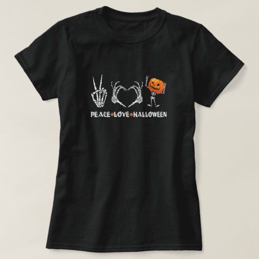 ハロウィンスケルトン平和ラブハロウィーンと怖い Tシャツ (デザイン正面)