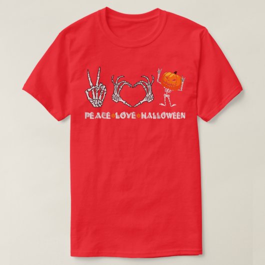 ハロウィンスケルトン平和ラブハロウィーンと怖い Tシャツ (デザイン正面)