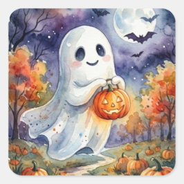 ハロウィンステッカー - かわいいおばけの水彩画 スクエアシール
