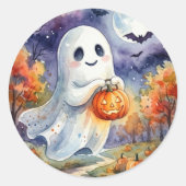 ハロウィンステッカー - かわいいおばけの水彩画 ラウンドシール (正面)