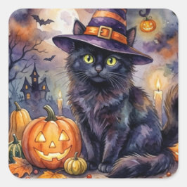 ハロウィンステッカー - 水彩 黒猫 魔女の帽子 スクエアシール