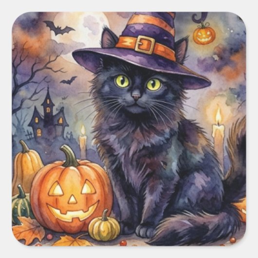 ハロウィンステッカー - 水彩 黒猫 魔女の帽子 スクエアシール (正面)