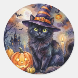 ハロウィンステッカー - 水彩 黒猫 魔女の帽子 ラウンドシール