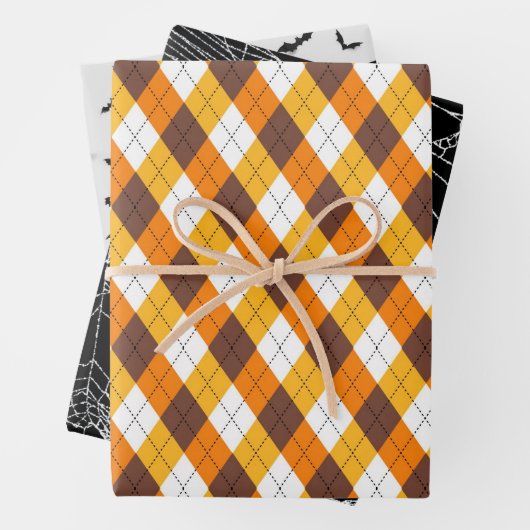 ハロウィンスパイダーウェブこうもりとキャンディーコーンアーガイル ラッピングペーパーシート (インサイチュ)