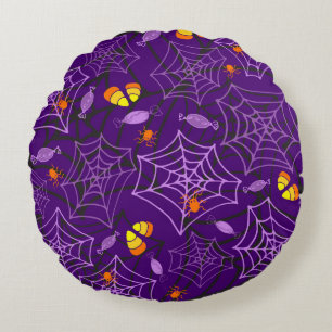 ハロウィンスパイダーズ&キャンディパープルピロー ラウンドクッション