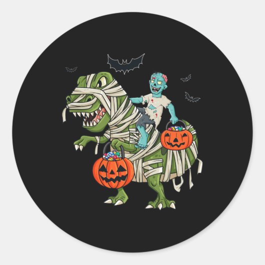 ハロウィンゾンビTレックスおもしろい少年少女の子供に乗る ラウンドシール (正面)