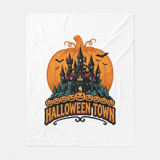 ハロウィンタウン ビンテージ 幽霊城 かぼちゃ デザイン フリースブランケット (正面)