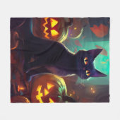 ハロウィンタキシード猫カボチャ怖い フリースブランケット (正面(横))