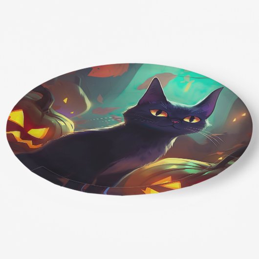 ハロウィンタキシード猫カボチャ怖い ペーパープレート (アングル)