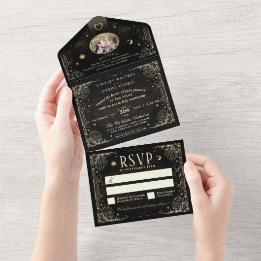 ハロウィンタロットブラック&金ゴールド写真 オールインワン招待状 (貼ってはがせる)