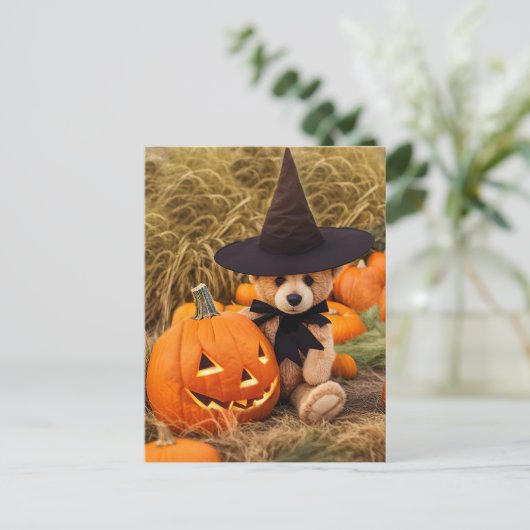 ハロウィンテディベアハロウィーンのカボチャのちょうちん シーズンポストカード (スタンド正面)