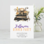 ハロウィンディナー・パーティーの金と灰色のバラのドクロ 招待状 (スタンド正面)