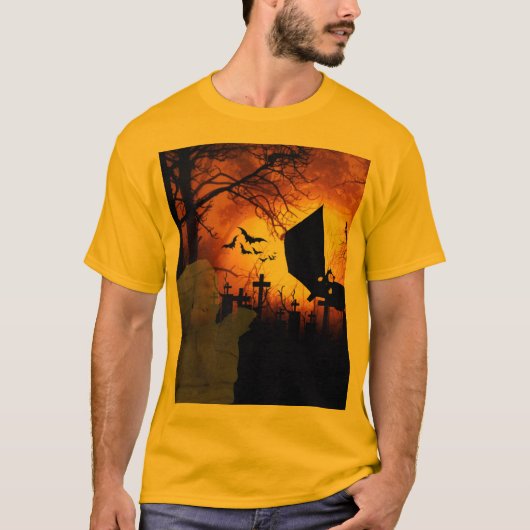 ハロウィンデザインのコウモリ、月、ミイラ Tシャツ (正面)