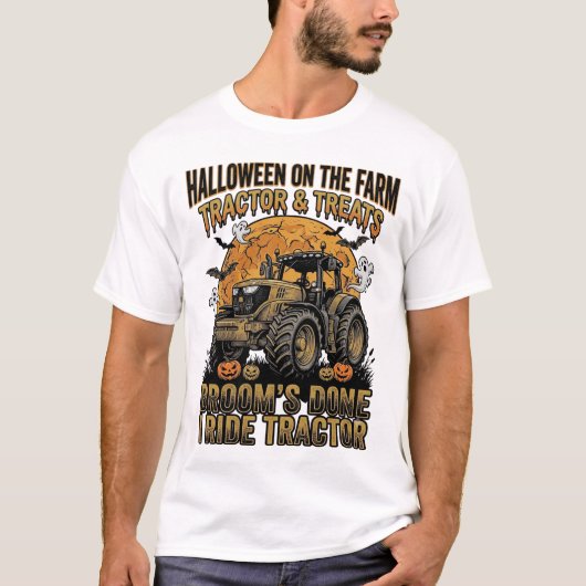 ハロウィントラクターTシャツ 楽しい農場の魔女の乗り物 デザイン Tシャツ (正面)