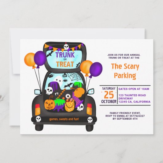 ハロウィントランクまたはトリックカーイラストレーションパーティー 招待状 (正面)