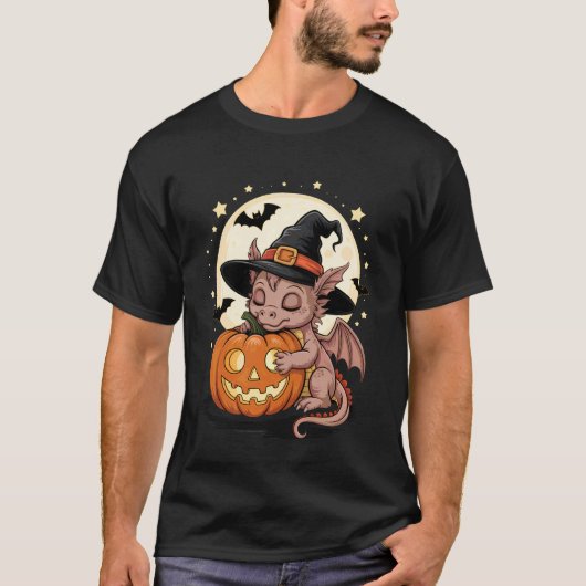 ハロウィンドラゴン魔女帽子パンプキンスプーキー Tシャツ (正面)