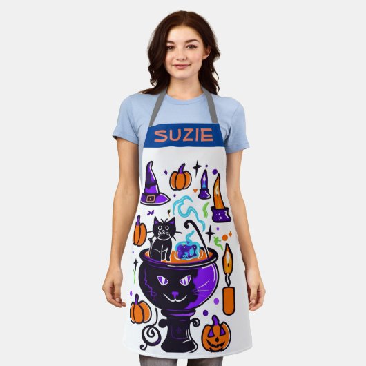 ハロウィンドールエプロン – かわいい不気味料理プレゼント エプロン (着用した状態)