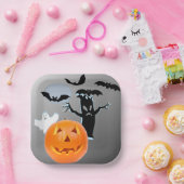 ハロウィンナイトの幽霊 - かぼちゃのゴーストとコウモリ ペーパープレート (パーティー)