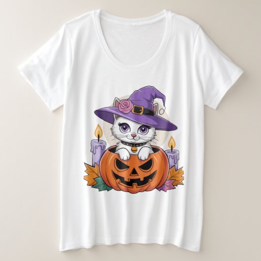 ハロウィンナイトキャット プラスサイズTシャツ (デザイン正面)