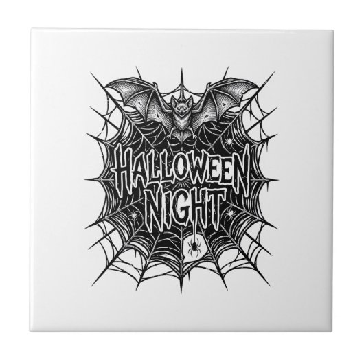 ハロウィンナイトコウモリクモの巣ビンテージTシャツデザイン タイル (正面)