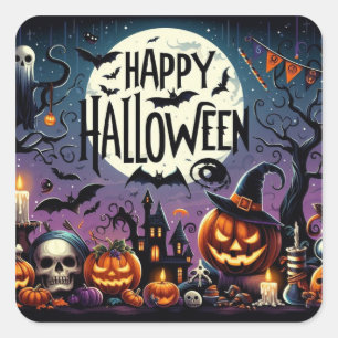 ハロウィンナイト パンプキン、ドクロ & 幽霊の家 スクエアシール