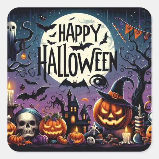 ハロウィンナイト パンプキン、ドクロ & 幽霊の家 スクエアシール (正面)