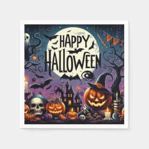 ハロウィンナイト パンプキン、ドクロ & 幽霊の家 スタンダードカクテルナプキン