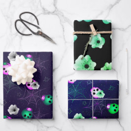 ハロウィンネオンピンクとグリーン白熱［赤熱］光を放つスカルWra ラッピングペーパーシート