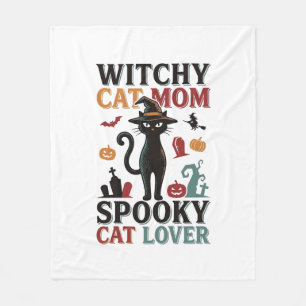 ハロウィンネコママ ビンテージ魔女風 猫好きデザイン_ フリースブランケット