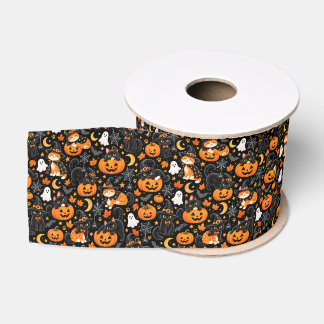 ハロウィンネコリボン、スプーキーなカボチャと黒猫 グログランリボン