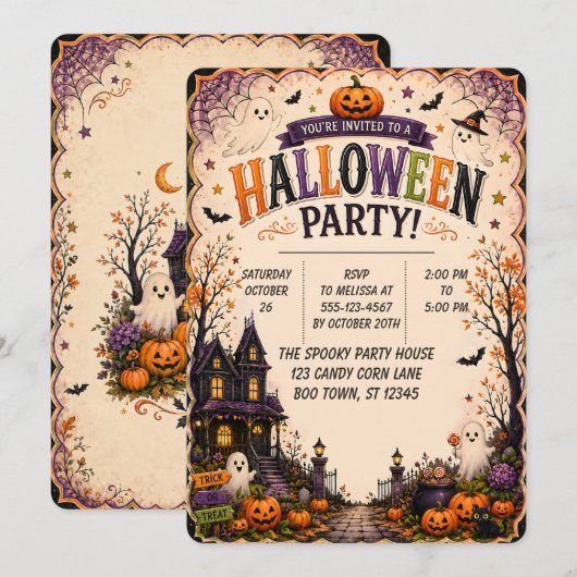 🎃👻 ハロウィンハウス パーティー招待状 🕸️✨ 招待状 (正面/裏面)