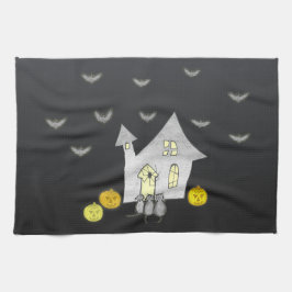 ハロウィンハウス，黒猫，こうもり，カボチャ キッチンタオル